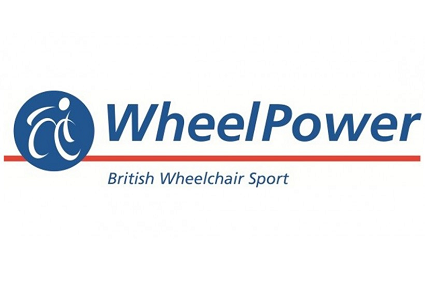 Logo for WheelPower organisation. A blue header text reads "WheelPower" with an orange underline. Underneath this there is a smaller blue font which reads "British Wheelchair Sport" in italics. To the left there is a circular blue logo with a white abstract image of a wheelchair user.