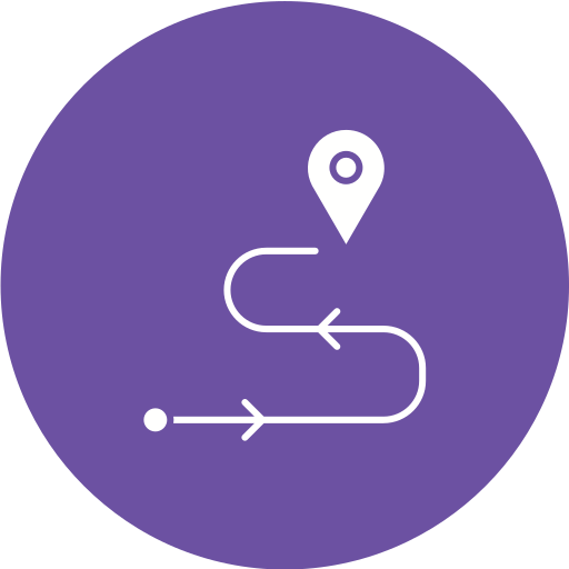 Purple circle with white path leading to a white map pin
