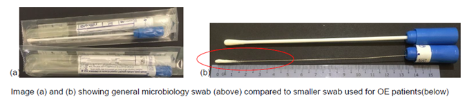 Image (a) and (b) showing general microbiology swab (above) compared to smaller swab used for OE patients (below)
